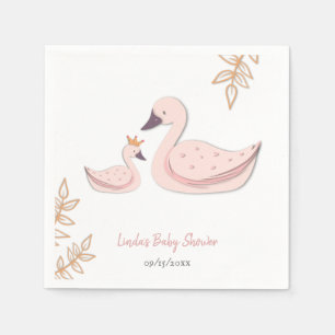 Eleganter rosa Schwan mit Jungtier Baby Shower Serviette