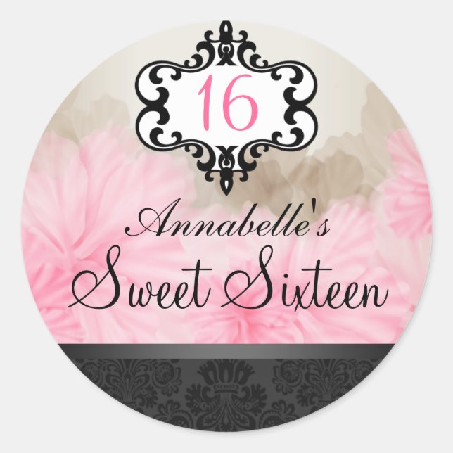 Eleganter Rosa & Schwarz Blütenchic Sweet 16 Aufkl Runder Aufkleber (Vorderseite)