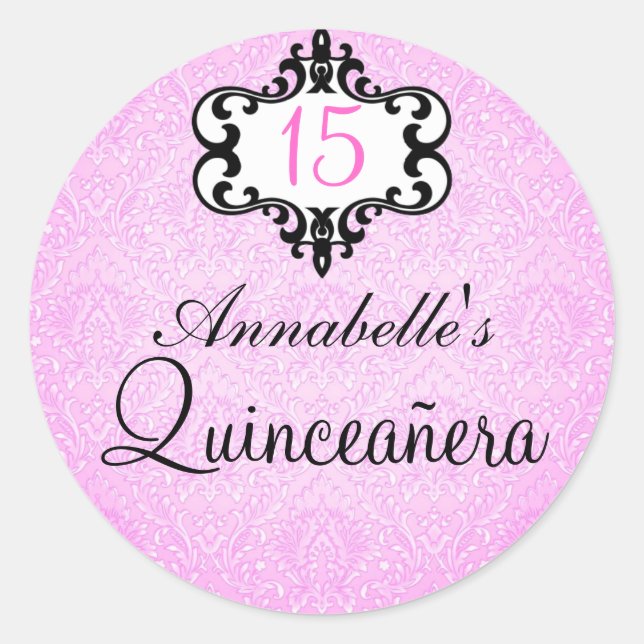 Eleganter rosa/schwarz-schick Damask Quinceañera S Runder Aufkleber (Vorderseite)