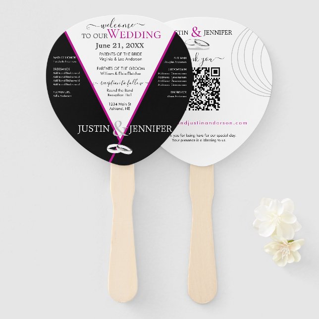 Eleganter, rosa Schwarze Hochzeitfarben Handfan Fächer (Vorne und Hinten)