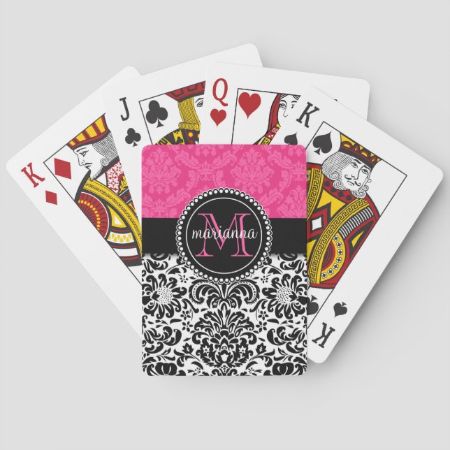 Eleganter rosa schwarzer Damaske Personalisiert Spielkarten (Rückseite)