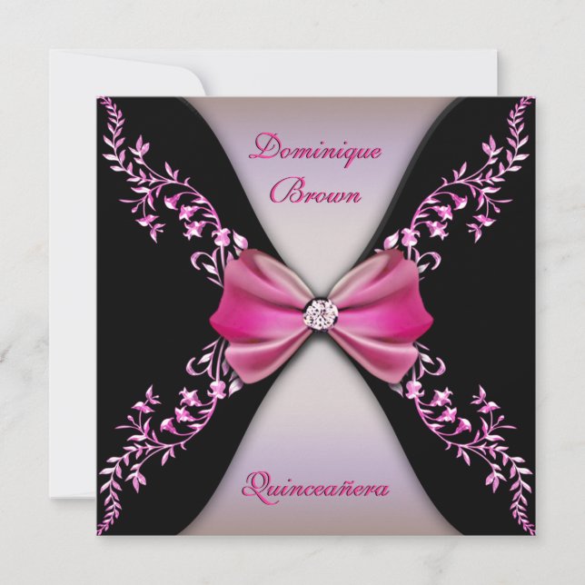Eleganter rosa Schwarzer Diamantbow Quinceanera Einladung (Vorderseite)