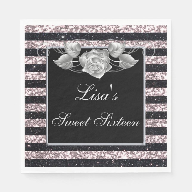 Eleganter Rosa Schwarzer Glitzer Silberne Rose Swe Serviette (Vorderseite)