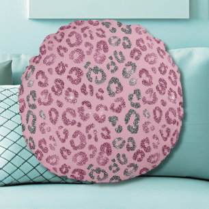 Eleganter rosa Silber-Glitter-Leopard auf Roségold Rundes Kissen