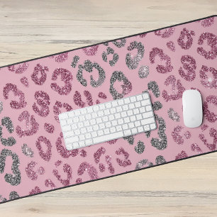 Eleganter rosa Silber-Glitter-Leopard auf Roségold Schreibtischunterlage
