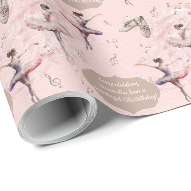 Eleganter Rosa Silbername Alter Text Ballerina Geschenkpapier (Rolleneckpunkt)