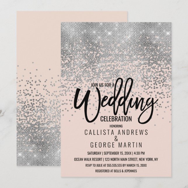 Eleganter rosa Silberner Glitzer Confetti Wedding Einladung (Vorne/Hinten)