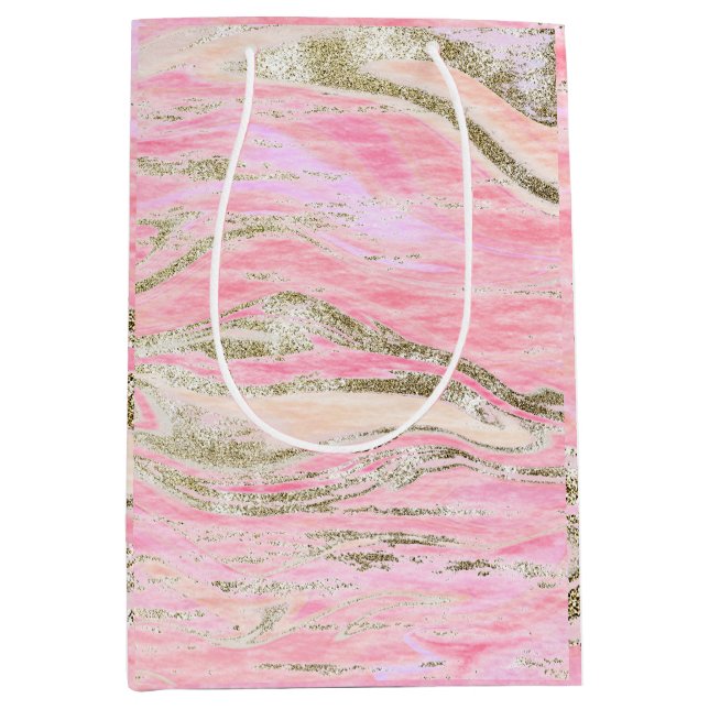 Eleganter rosa Silberner Glitzer Marmordesign Chic Mittlere Geschenktüte (Vorderseite)