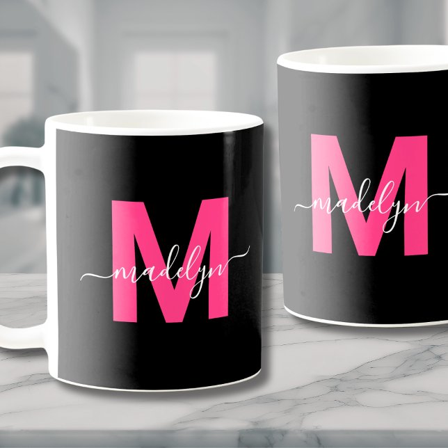 Eleganter rosa Skriptname Initial Monogram Kaffeetasse (Elegant Pink Script Name Initial Monogram Coffee Mug)