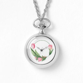 Eleganter rosa Tulpenkranz-Blumenhalsuhr Armbanduhr