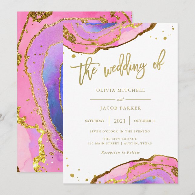 Eleganter Rosa und Blue Geode mit Gold | Hochzeit Einladung (Vorne/Hinten)