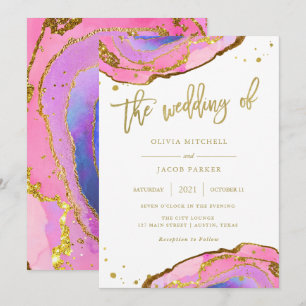 Eleganter Rosa und Blue Geode mit Gold Hochzeit Einladung