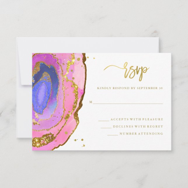 Eleganter Rosa und Blue Geode mit Gold | Hochzeit RSVP Karte (Vorderseite)
