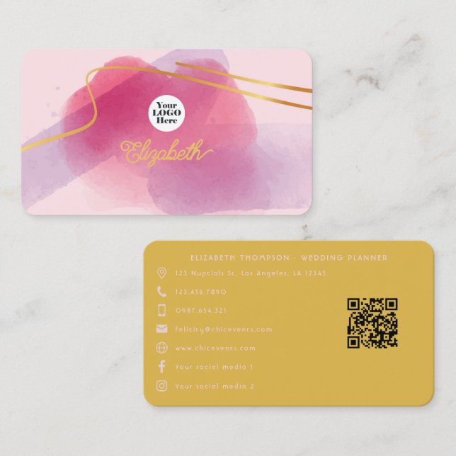 Eleganter Rosa und Gold Pinselstriche Visitenkarte (Vorne/Hinten)