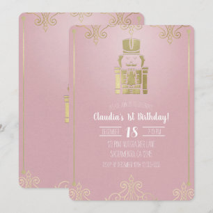Eleganter rosa und goldener Nussknacker zum 1. Geb Einladung