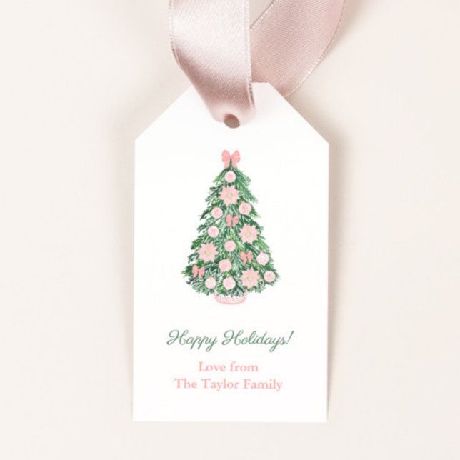Eleganter Rosa und grüner Happy Holidays Weihnacht Geschenkanhänger (Pink and green maximalist happy holidays or Merry Christmas gift tags)