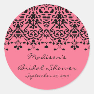 Eleganter rosa- und schwarzer Damaskus-Brause-Aufk Runder Aufkleber