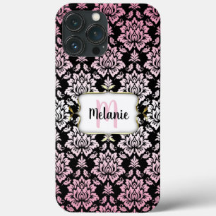 Eleganter rosa und schwarzer Damast mit Monogram C Case-Mate iPhone Hülle