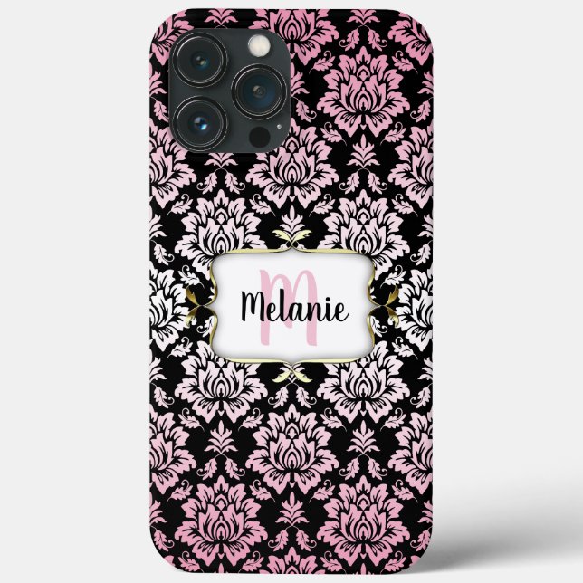 Eleganter rosa und schwarzer Damast mit Monogram C Case-Mate iPhone Hülle (Rückseite)