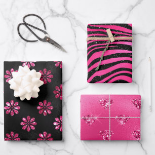 Eleganter rosa und schwarzer Glitzer Glamouröse Mu Geschenkpapier Set