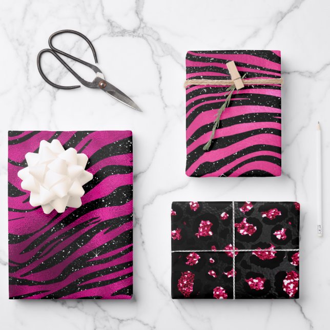 Eleganter rosa und schwarzer Glitzer Glamouröse Mu Geschenkpapier Set (Vorderseite)