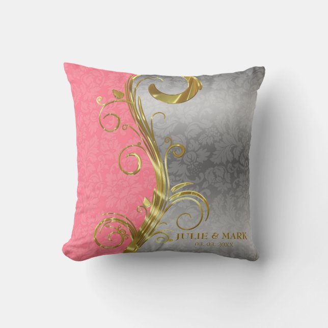 Eleganter rosa und silberfarbener Damast Kissen (Vorderseite)