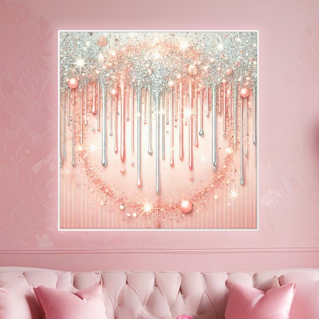 Eleganter Rosa- und Silberrosa-Glitzer Tropfen Leinwanddruck (A chic glam accent featuring blush tones and silver glitter for stylish interior decor.)