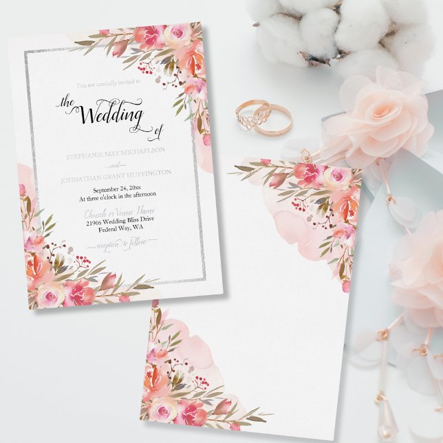 Eleganter rosa Wasserfarben Hochzeitssilber Folieneinladung (Elegant Pink Floral Watercolor Wedding Silver Foil Foil Invitation)