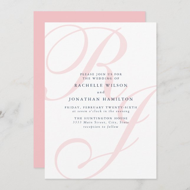 Eleganter Rosa Wedding Monogram Minimal Einladung (Vorne/Hinten)