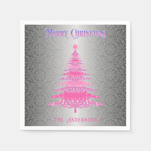 Eleganter Rosa Weihnachtsbaum Silbername Ornamente Serviette (Vorderseite)