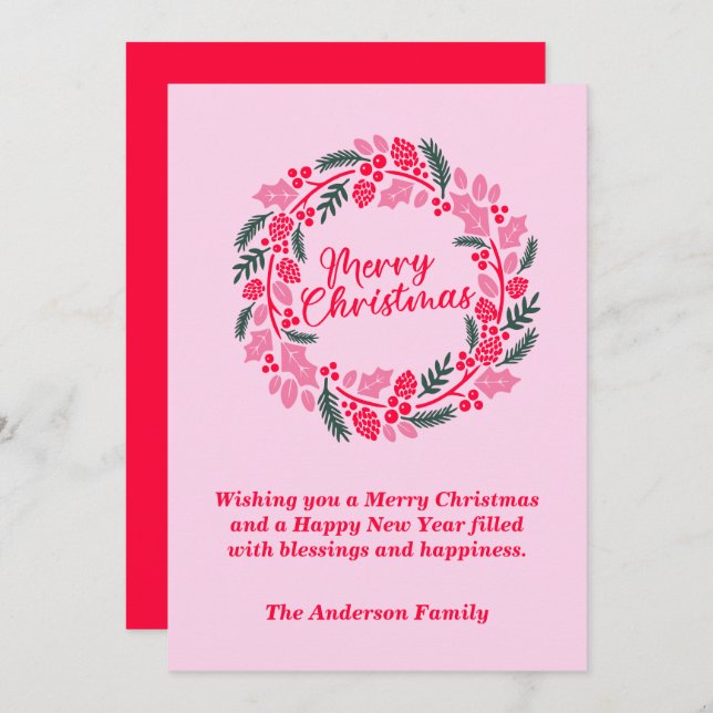 Eleganter rosa Weihnachtskranz Feiertagskarte (Vorne/Hinten)