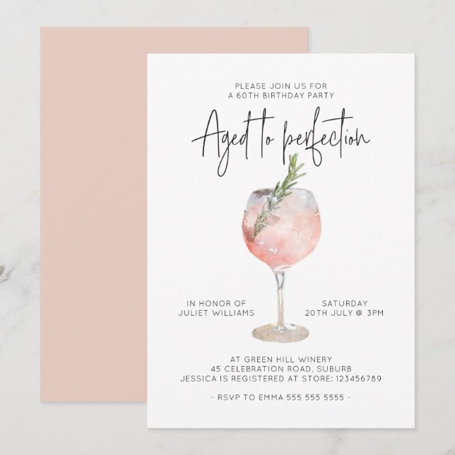 Eleganter rosa Wein im Alter von 60 Jahren Einladung (Vorne/Hinten)