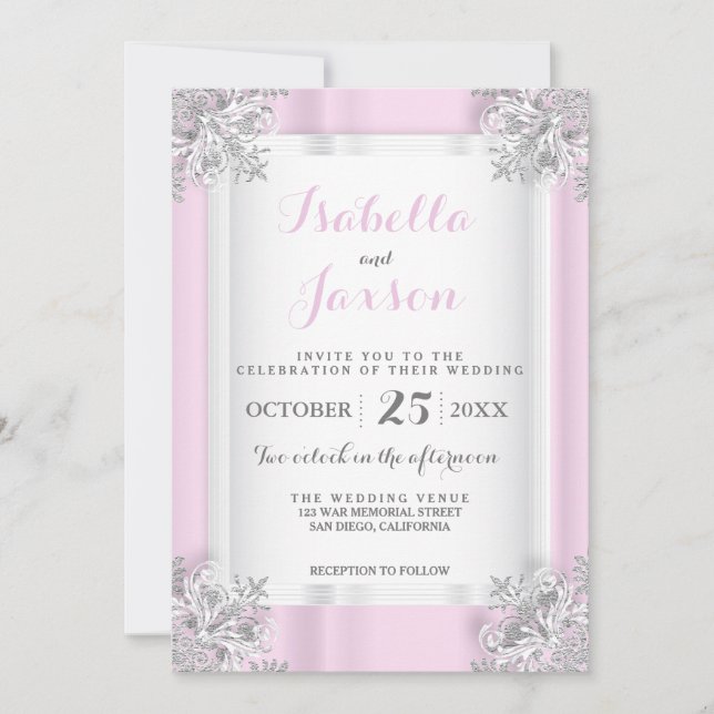 Eleganter Rosa & Weiß Satin mit Verzierter Silber Einladung (Vorderseite)