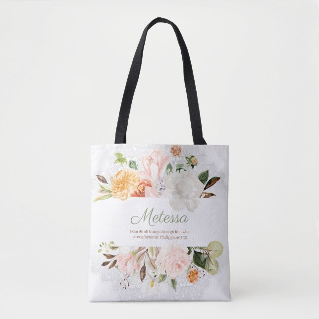 Eleganter rosa, weiße, florale Spitzen Phil. 4:13 Tasche (Vorderseite)