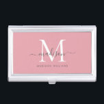 Eleganter, rosa, weißer Monogramm Chic Script Name Visitenkarten Dose<br><div class="desc">Elegant Blush Pink White Gray Monogram Girly Feminine Script Name Business Card Fall</div>