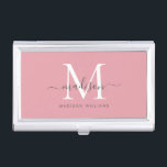 Eleganter, rosa, weißer Monogramm Chic Script Name Visitenkarten Dose<br><div class="desc">Elegant Blush Pink White Gray Monogram Girly Feminine Script Name Business Card Fall</div>