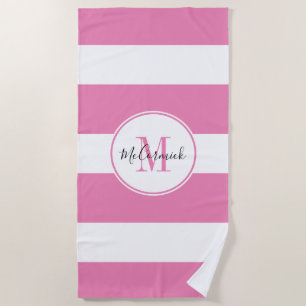 Eleganter rosa, weißer Streifen, Goldmonogramm-Nam Strandtuch