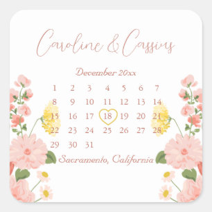 Eleganter Rosa-Wild-Blume-Hochzeitskalender Quadratischer Aufkleber