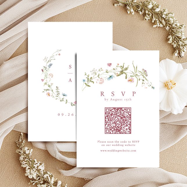Eleganter, rosa Wildblume Rustic Boho QR-Code RSVP Karte (Elegant Dusty Pink Wildflower Rustic Boho QR code RSVP Card)