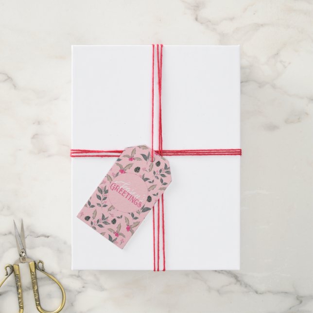 Eleganter rosa Winter florale Wasserfarben Weihnac Geschenkanhänger (Mit Garn)