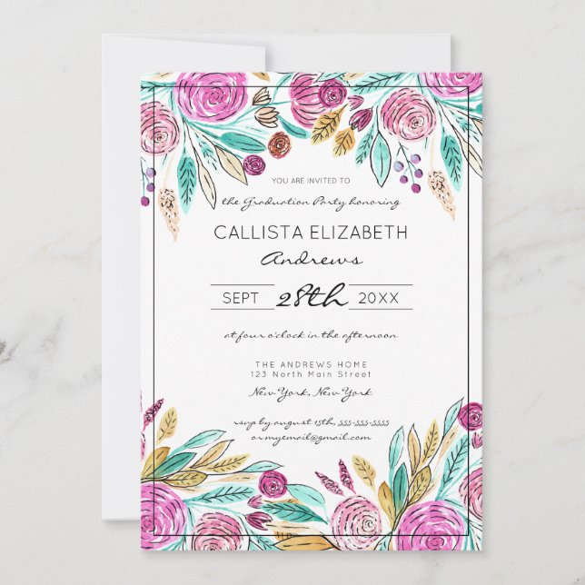 Eleganter rosafarbener, Aquamariner, floraler Absc Einladung (Vorderseite)