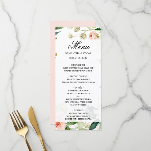 Eleganter, rosafarbener Aquarellrahmen Menükarte (Vorderseite/Rückseite Beispiel)