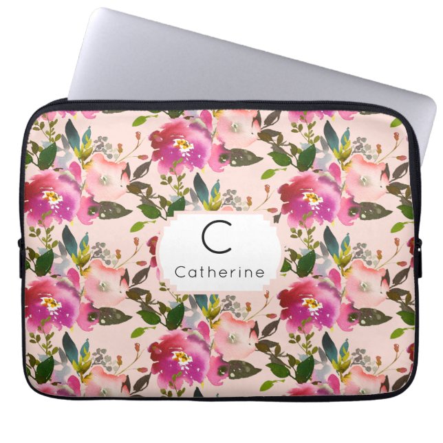 Eleganter rosafarbener, floraler Monogramm-Laptop- Laptopschutzhülle (Vorderseite)