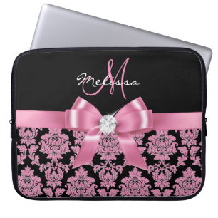 Eleganter, rosafarbener Glitzer, schwarzer Damast, Laptopschutzhülle
