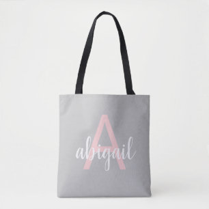 Eleganter rosafarbener Grau Modern Monogramm Name Tasche