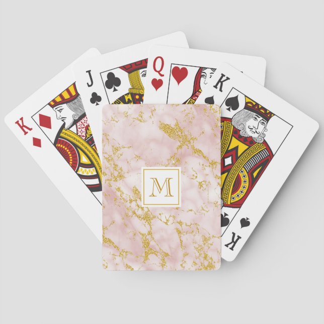 Eleganter rosafarbener Imitat Monogram Gold Glitze Spielkarten (Rückseite)