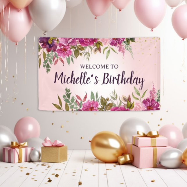 Eleganter, rosafarbener Lila Blumenstrauß Banner (Elegant pink watercolor floral birthday banner)