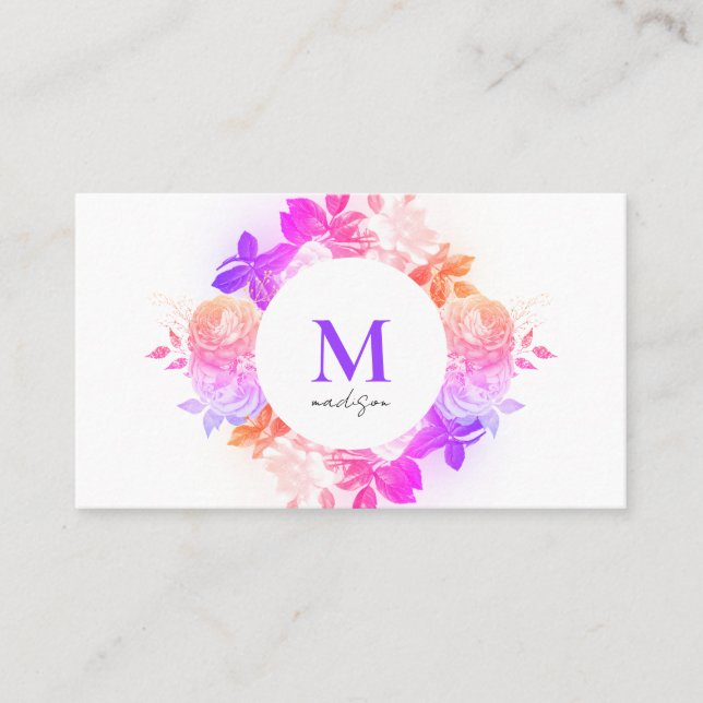 Eleganter rosafarbener Lila Floral Monogramm QR-Co Visitenkarte (Vorderseite)