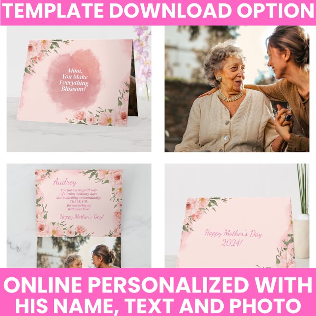 Eleganter rosafarbener Muttertag Karte (Elegant Pink Watercolor Floral Mother's Day Card)