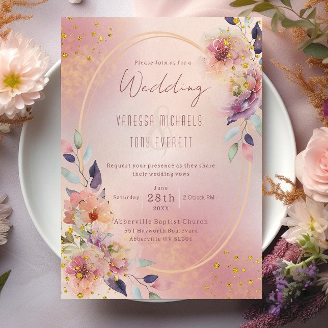 Eleganter rosafarbener, ovaler geometrischer Rahme Einladung (Elegant Pink Floral Oval Geometric Frame Wedding Invitation)